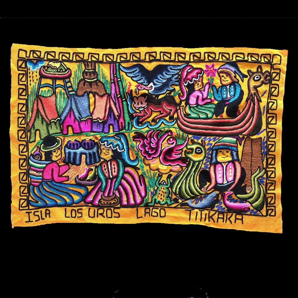 Hand Embroidered Peruvian Folk Art Tapestry 3 ft 2.5 in by 2 ft 1 in Looks New